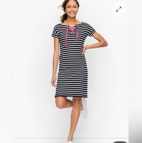 T by Talbots Terry Dress Black White Stripe Pink Lace Up Front Women's Size XS - Picture 1 of 7